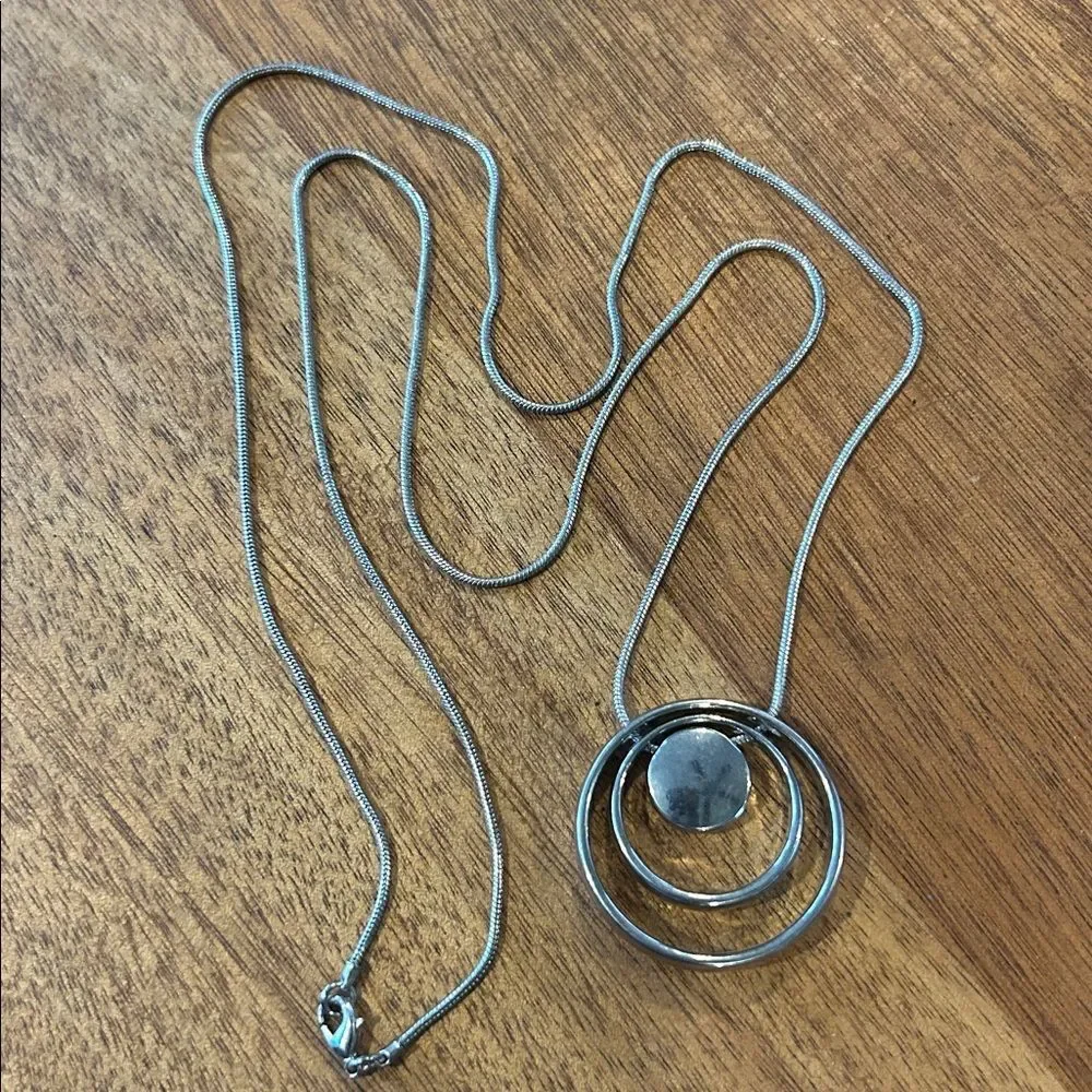Silver Tone Circular Pendant Necklace 38” chain Statement Minimalist Unique